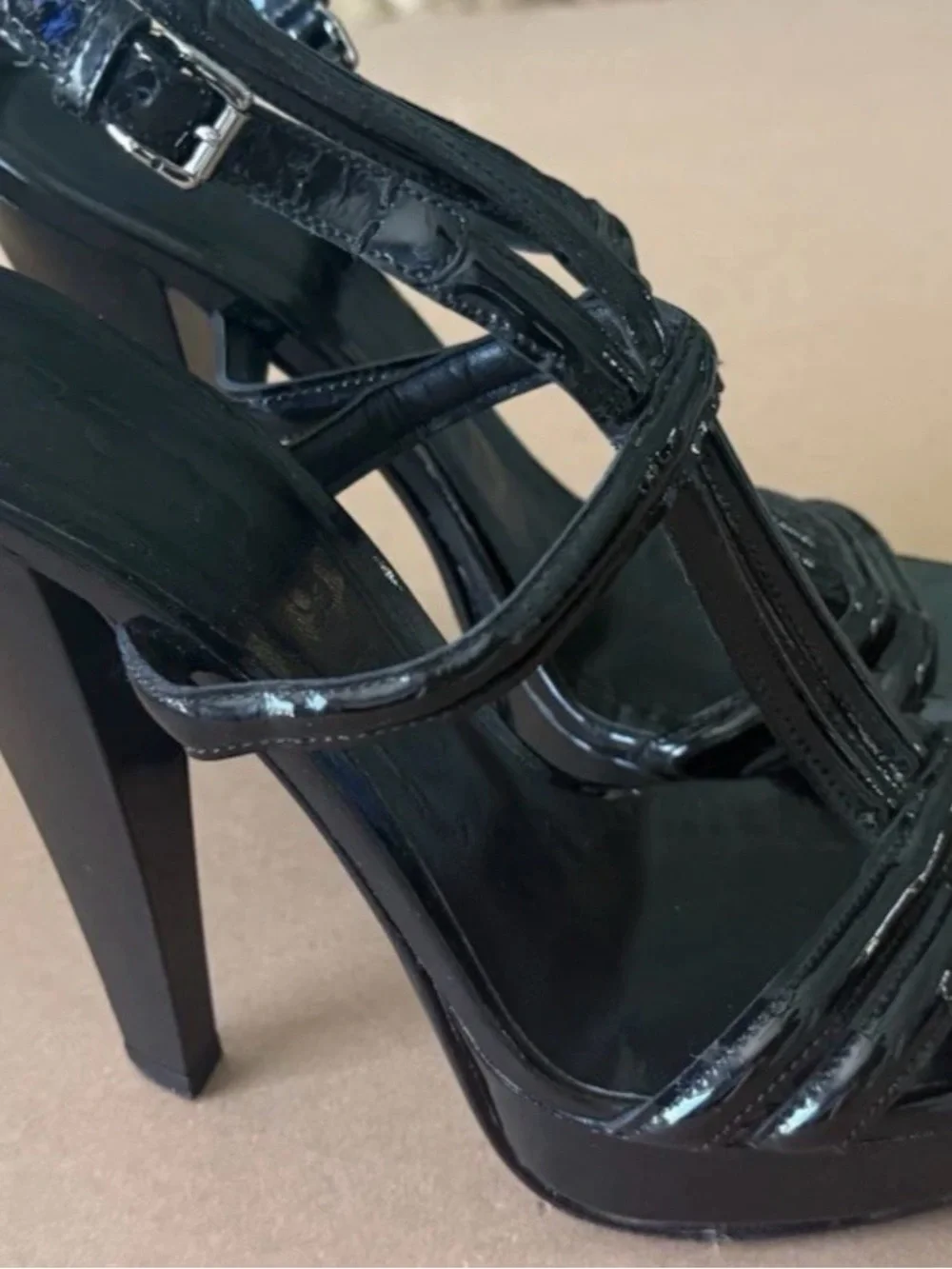 BURBERRY GLOSSY PLATFORM PUMPS HEELS SANDALS Sz 38.5 US 8.5 Black Made In Italy